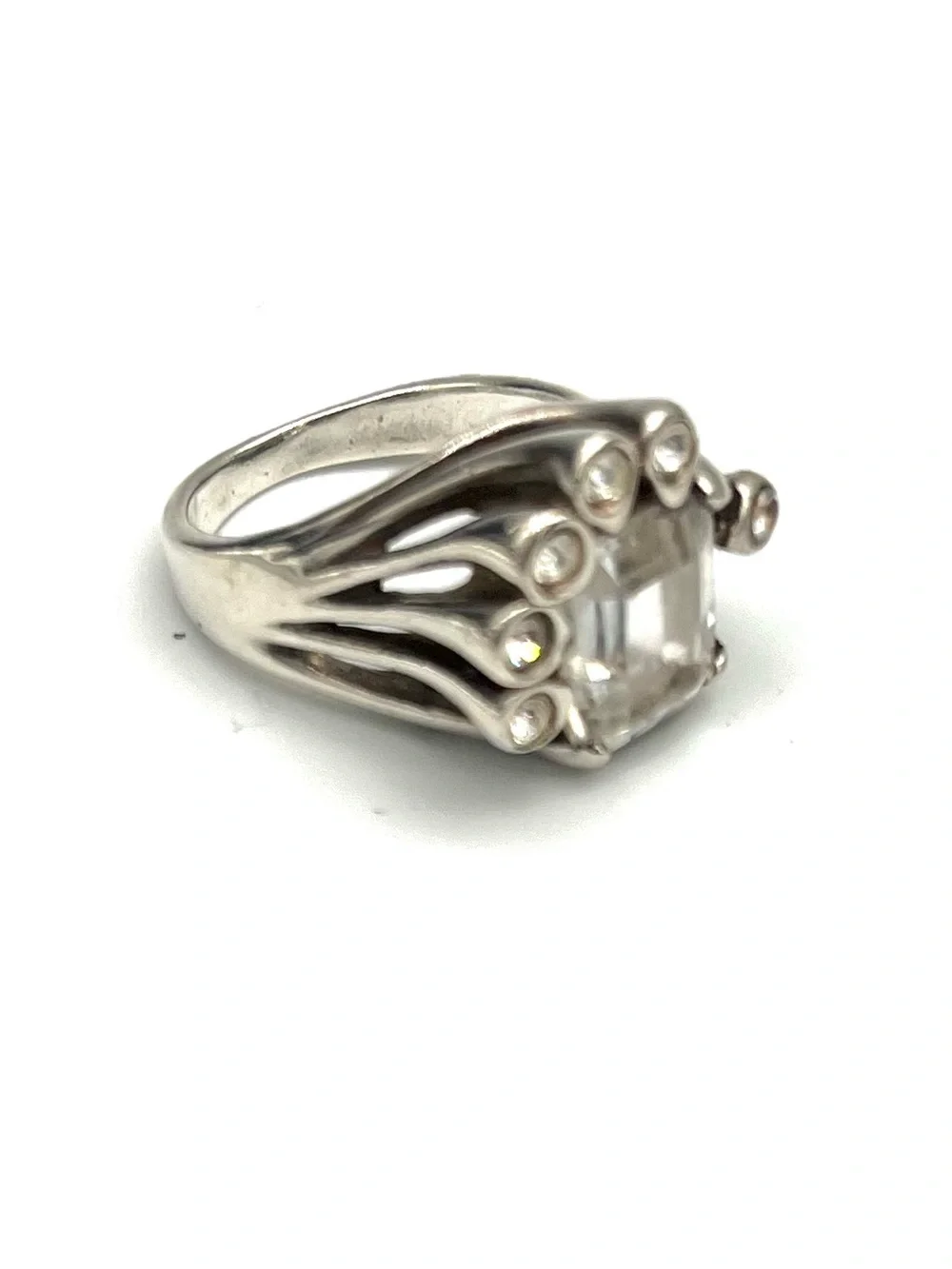 Eisenberg Vintage Sterling Silver Clear Emerald-Cut Cluster Cocktail Ring White